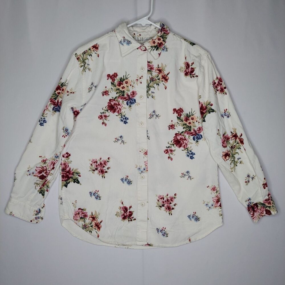 Lemon Grass Corduroy Button Shirt Womens Small Cream Multicolor Floral Collar